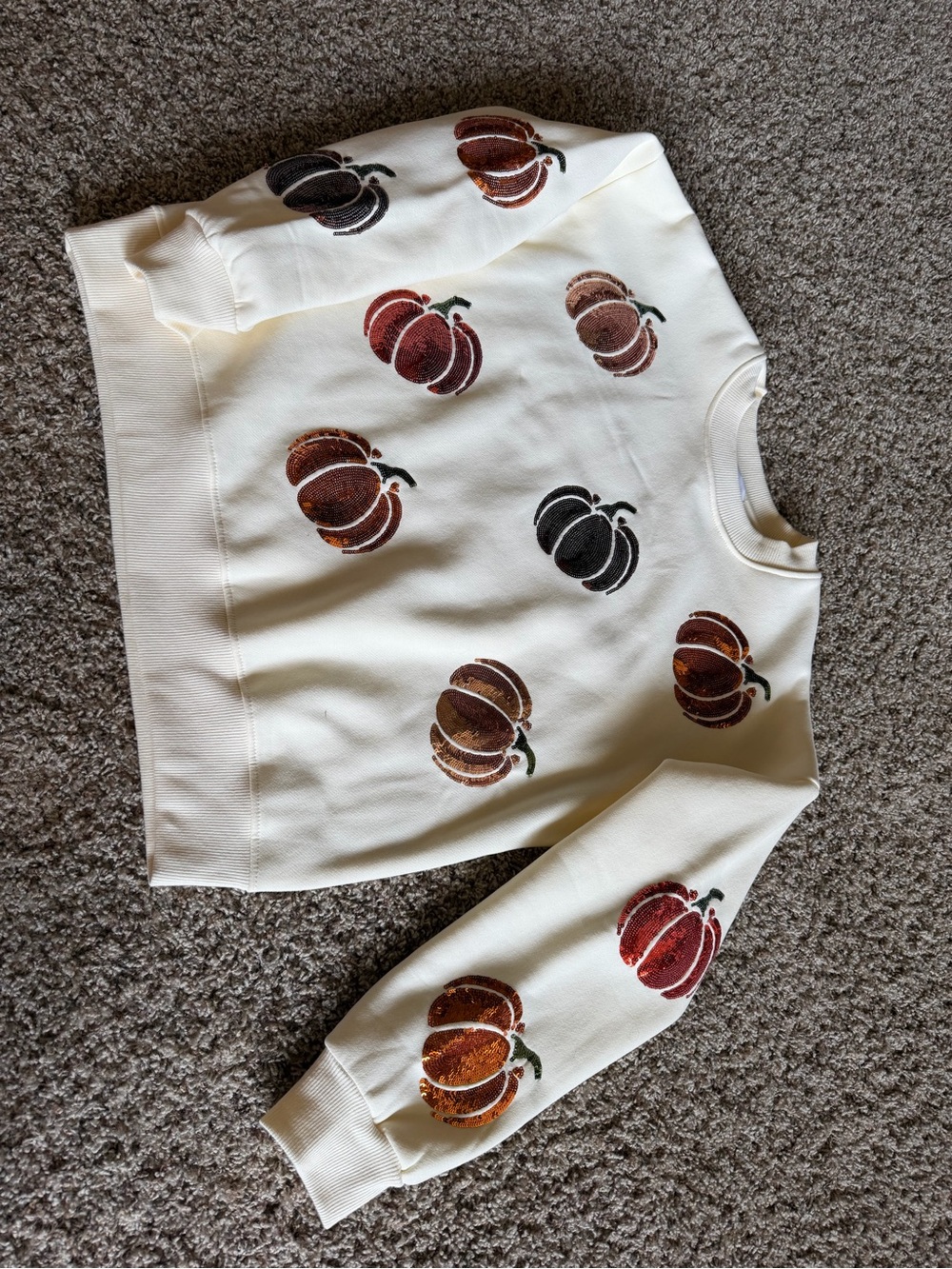 Kirklands Cream Pullover with Pumpkin Sequins